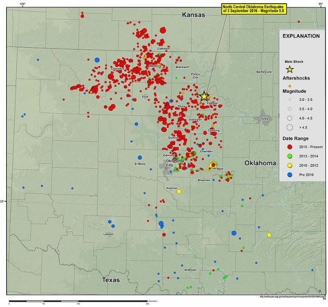 A USGS map reveals the dramatic increase in Oklahoma's seismic activity (USGS).